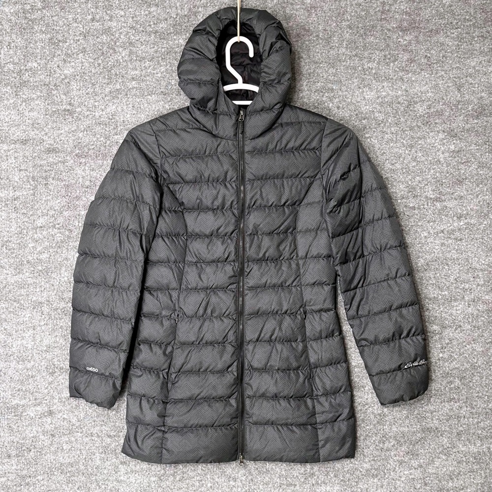 Eddie Bauer Womens XS EB650 Down Hooded‎ Puffer Jacket Black Herringbone Chevron